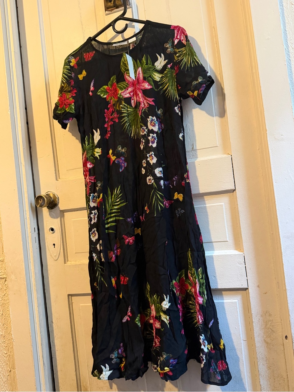 Black Floral Short-Sleeve Midi Dress with Pink & Green Print